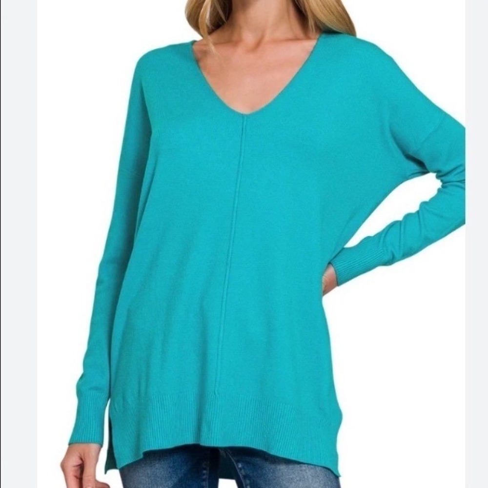 NEW Zenana Small/MediumTurqoise Blue V Neck Long Sleeve Sweater Top TW-2211D6